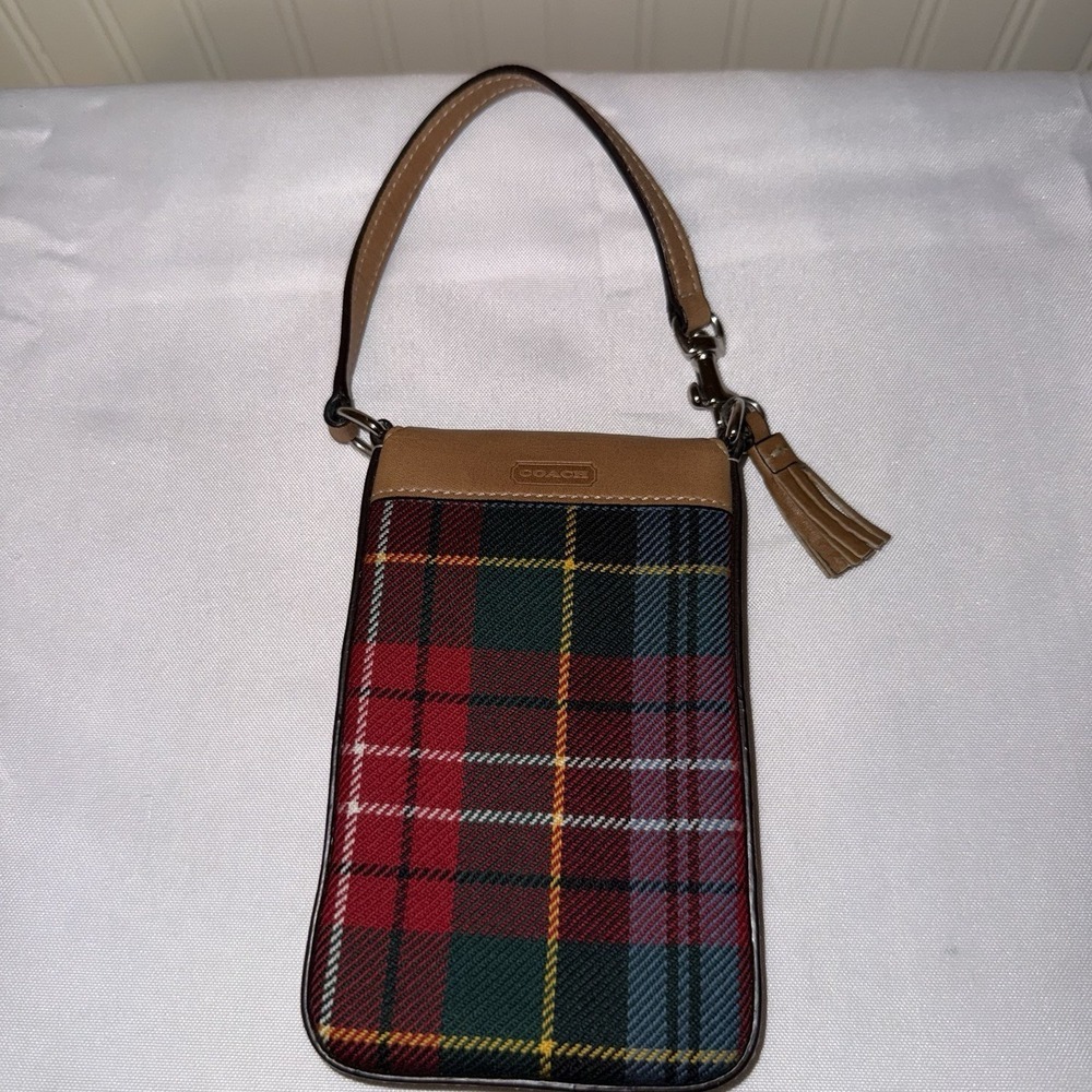 Vintage Coach Plaid Wool Turnlock Top Handle Phone Bag Pouch Bag Charm Tassel - Picture 4 of 14